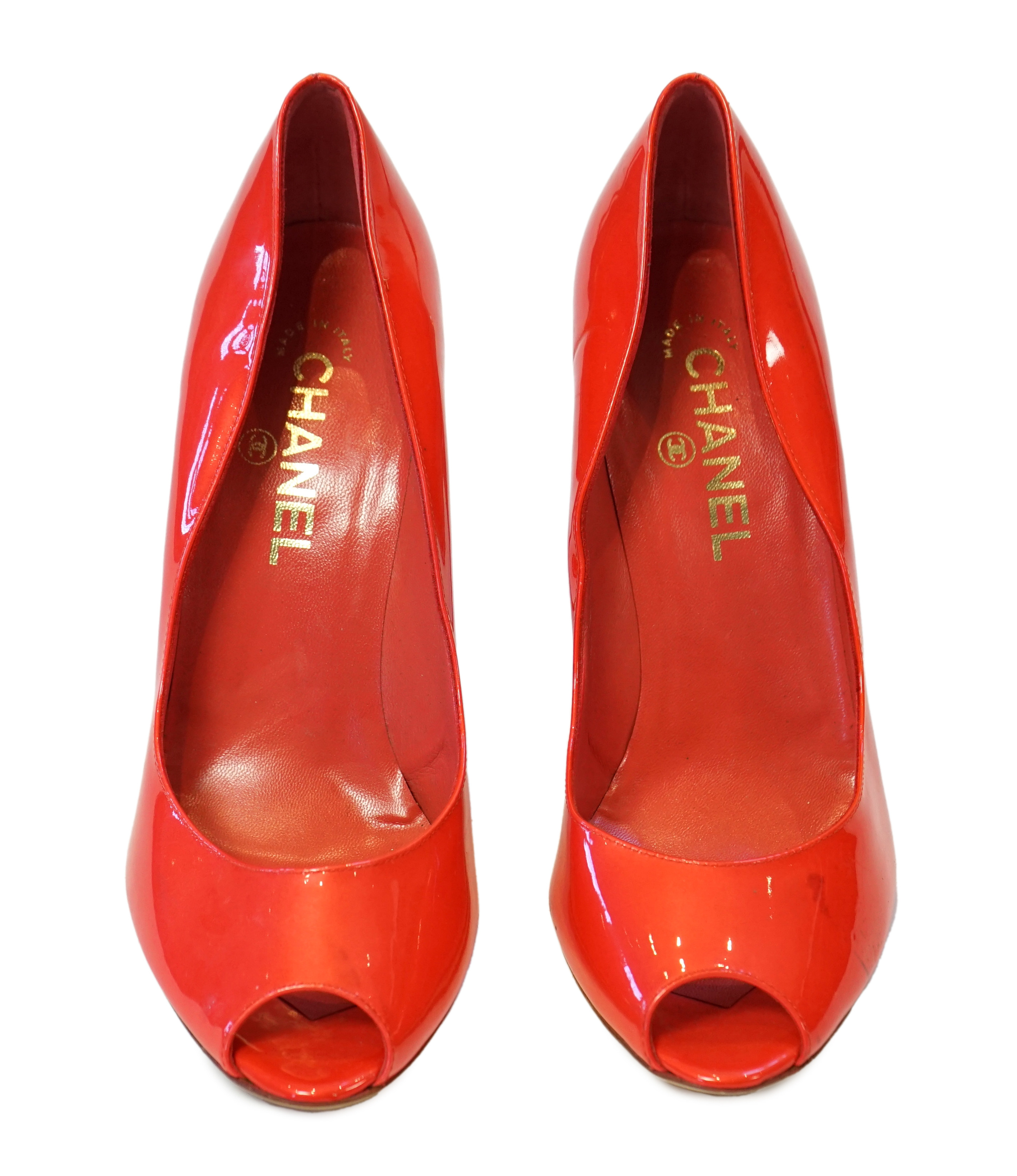 A pair of Chanel lady's metallic coral peep toe patent leather heels, size EU 39.5